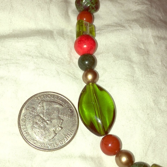 Handmade earth tone ORIGINAL OOAK glass bead adjustable green red Necklace retro - Picture 8 of 16